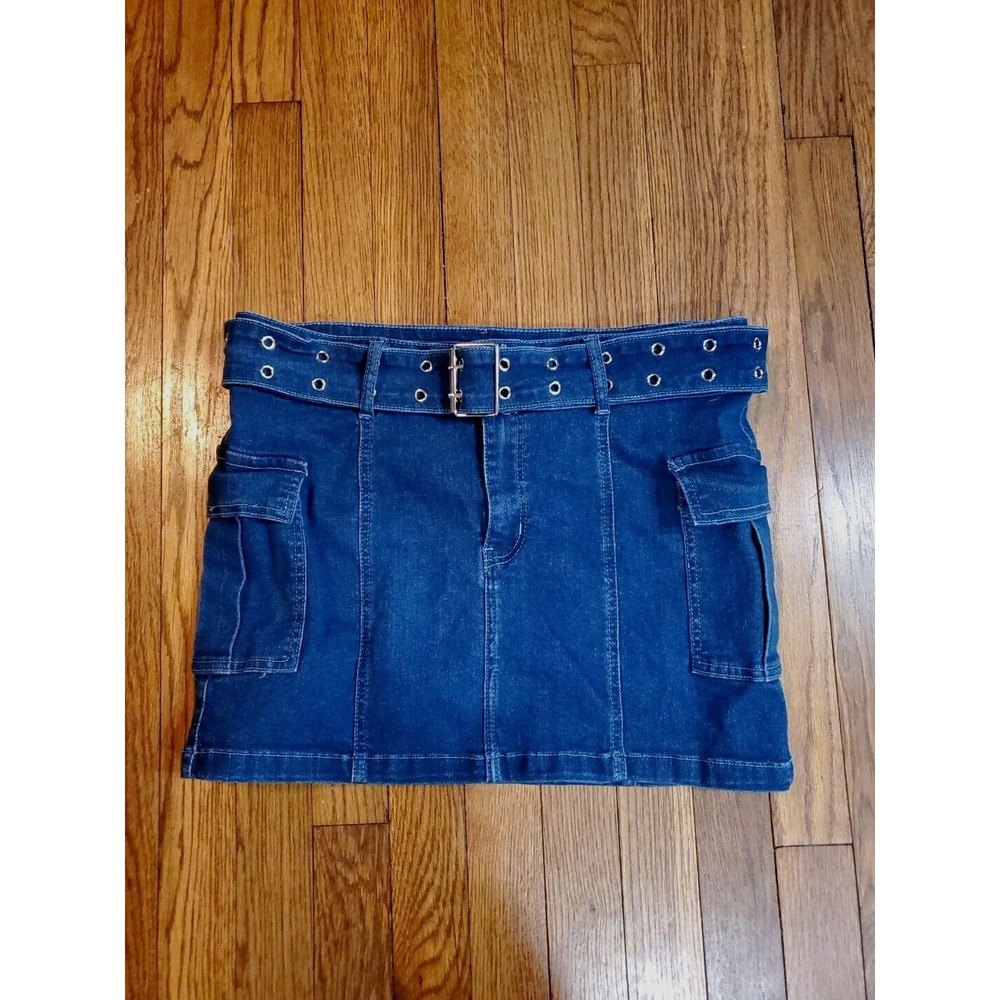 Windsor Denim Dk Wash Cargo Mini Skirt Belt Stretch punk Edgy Skater LARGE Gorp
